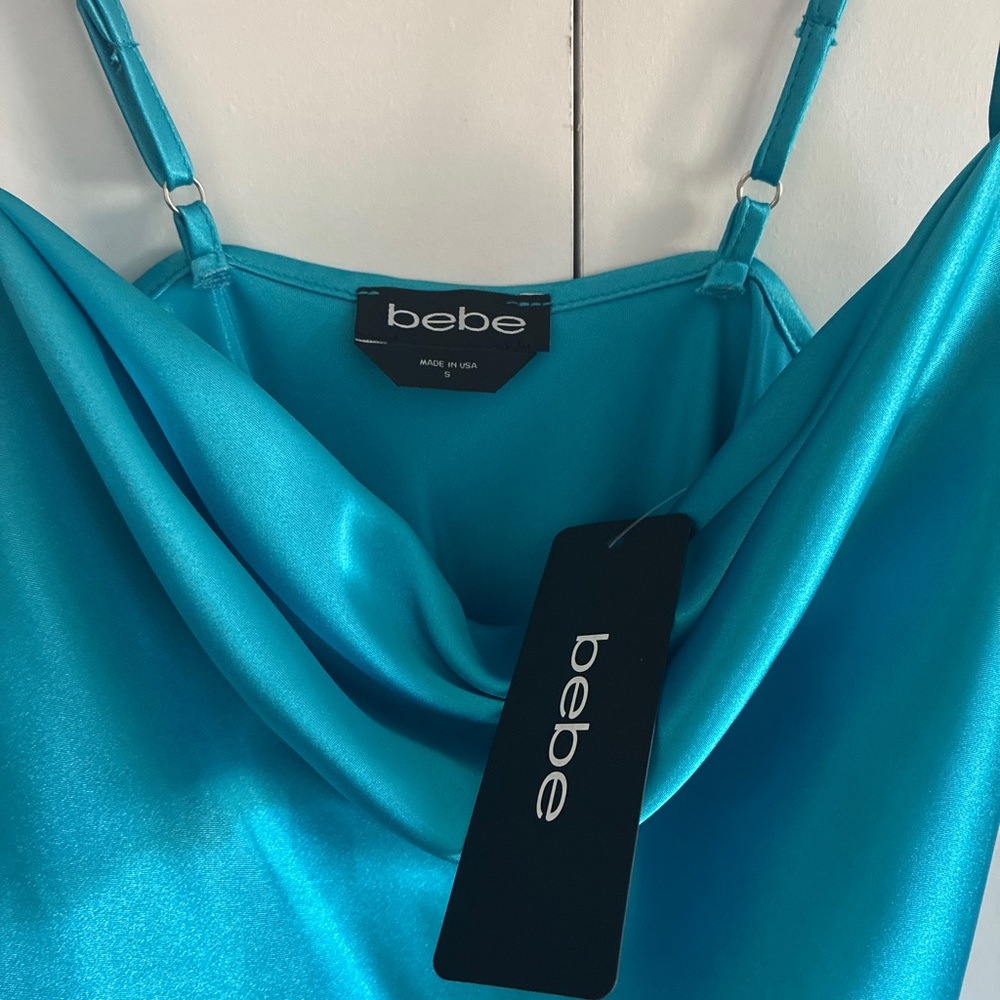 Bebe Turquoise Satin Cowl Neck Top